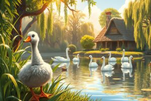 Once upon a time, by a glistening silver lake, a mother duck waited eagerly for her eggs to hatch. One by one, tiny golden ducklings popped out, chirping and wobbling about. But the largest egg, different from the rest, took longer to hatch.